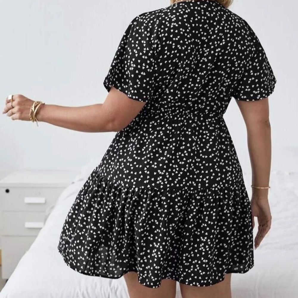 Boho ruffle frill short sleeve heart print v neck dress light blue - Picture 10 of 11